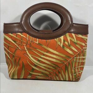 Fossil Orange and Green Leaf Print Tote with Brown Handles